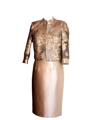 CONJUNTO DE VESTIDO CON CHAQUETA DEMI CORTO DORADO  LEXUS