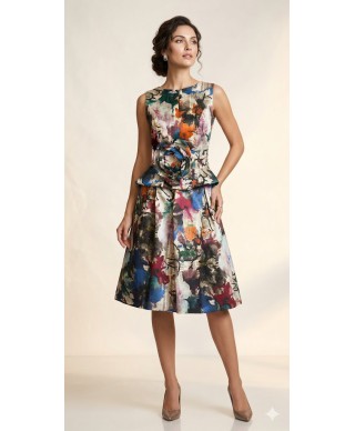 CONJUNTO DE DOS PIEZAS DE FIESTA CORTO FLORA ESTAMPADO MARRON DE INVITADA CAPICUA